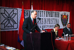 <p>Russian ambasador in Serbia Aleksandar Konuzin speaking during his visit to University of Pristina in Kosovska Mitrovica</p>