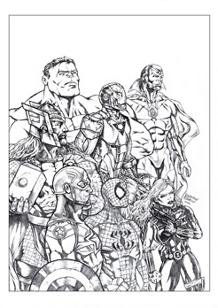 <p>A penciled cover sample featuring Marvel's The Avengers (or at least some of them): Captain America, Spider-Man, Black Widow, Thor, Iron Man, the Hulk, and the Vision.</p>