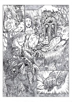 <p>A page sample featuring Marvel's Man-Thing and a middle-aged couple. In this story, an abusive husband terrorizes his wife once again, this time in a forest. Suddenly, the Man-Thing appears behind them, causing the man to become terrified and cowardly. As is typical with this character, anyone who feels fear burns at the Man-Thing's touch!</p>