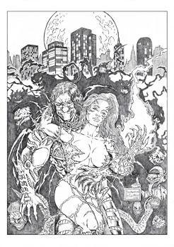 <p><span>This penciled cover sample features NY's mafioso&nbsp; Jackie Estacado, also known as the Darkness, alongside his demonic minions, the Darklings, and the police detective Sara Pezzini, the host of Witchblade. Marc Silvestri created these characters for his publishing brand, Top Cow Productions, a partner studio of Image Comics.</span></p>