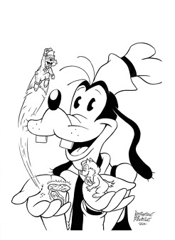 <p>Disney inked cover sample featuring Goofy and the two squirrels, Chip and Dale. It has been known since the 1960s that when Goofy eats Super Goobers (meteor-enhanced peanuts in his garden) he transforms into a parody of Superman called Super Goof. This transformation includes a change in his outfit. In some stories, other characters have also gained powers after consuming the super peanuts. In the cover sample, Chip already experiences the effects of the peanuts, while Dale, who is more naive and clumsy, is very close to giving in to temptation. All of this appears to happen with Goofy's consent and of course, there is a third left peanut for himself. These Disney covers aim to be funny and often include a humorous, sometimes story-based, and clever gag, which is what I attempted to achieve here.</p>