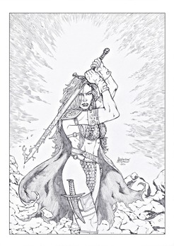 <p>Penciled illustration cover sample of Red Sonja.</p>
<p>Red Sonja is a sword-and-sorcery character created by writer Roy Thomas and artist Barry Windsor-Smith for Marvel Comics in 1973, partially inspired by Robert E. Howard's character Red Sonya of Rogatino.<br />Red Sonya of Rogatino is a gun-slinging warrior woman of Polish-Ukrainian origin with a grudge against the Ottoman sultan. She has the eponymous red hair and a fiery temper to match. Howard's Red Sonya had no connection to his Conan the Barbarian character. Roy Thomas and Barry Smith, in Marvel Comics' Conan the Barbarian title, transposed Red Sonya into the Hyborian Age, changing the spelling of her name in the process.</p>
<p><span>As originally told, Red Sonja's backstory included her being raped and beaten during the event that killed her family, and her powers were bestowed upon her by the goddess&nbsp;</span><a class="mw-redirect" title="Scathach" href="https://redsonja.fandom.com/wiki/Scathach">Scathach</a><span>. Red Sonja also took a vow of chastity and vowed to never lie with a man who could not defeat her in battle. These elements were changed in Simone's 2013 reboot of the character, removing the sexual violence and giving the character more agency as she hones her skills and hunts down her family's murderers.</span></p>
<p>Marvel Comics published stories featuring Red Sonja until 1986, and returned to the character for a one-shot story in 1995. In 2005, Dynamite Entertainment began publishing stories of the heroine, during which the original Sonja was killed and replaced by a "reincarnation". The series was rebooted by writer Gail Simone in 2013, telling an altered version of Red Sonja's early life story via flashbacks.</p>