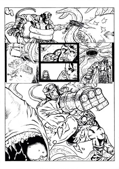 <p>In this page sample, Hellboy (Mike Mignola's creation for Dark Horse Comics) fights a giant monster while communicating with his partners Abe Sapien and Liz Sherman. Although our paranormal investigator seems to be having a rough time, he is not one to easily back down.</p>