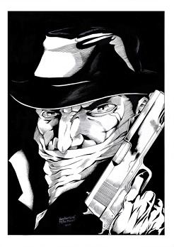 <p>Inked cover sample featuring The Shadow.</p>
<p>During WWI, Kent Allard was a spy and a famed aviator who crashed in the South American jungles. He made a fortune in that region (where he discovered a city of gold) before he returned to New York. There, he forced playboy Lamont Cranston to occasionally have his identity adopted by him when necessary due to their physical resemblance. The Shadow worked with a network of agents, men who owed him a life debt. Margo Lane is a friend and companion to Allard, and spies for his vigilante alter ego as well. He has been trained in the hidden city of Shambalah in martial arts, learned to control his body's vital functions, has acquired longevity, and is also able to hypnotize and 'cloud men's minds'. The Shadow has also used a series of equipment such as suction cups on his hands and knees to climb buildings, occasionally flown an early version of a helicopter referred to as 'Autogyro' or 'Gyrocopter', and also carries various vials of acid and flash powders. His signature weapons are twin .45-caliber M1911 semi-automatic pistols as well as a pair of LAR Grizzly .45-caliber Win Mag pistols.</p>
<p>The Shadow is a character created by American magazine publishers Street &amp; Smith and writer Walter B. Gibson. Originally created to be a mysterious radio show narrator, and developed into a distinct literary character in 1931 by Gibson, The Shadow has been adapted into other forms of media, including American comic books, comic strips, serials, video games, and at least five feature films.</p>