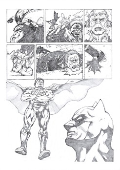 <p>A penciled page sample shows DC's Batman defeating Solomon Grundy using a gadget resembling a sleeping gas bomb. The bomb swiftly explodes with the gas seemingly disorienting Grundy, giving Batman enough time to use his grappling hook, knock him out, and tie him up. Not long after,&nbsp; Superman shows up to greet his colleague maybe indicating he was waiting for him to finish with the villain's apprehension.&nbsp; This page sample is based on the stories the famous duo has had together in the DC's title Superman/Batman which explores their adventures, collaborations, friendship, and mutual respect. One of the characters' agreements between them is that Superman shouldn't interfere with Batman's crusade against Gotham's various menaces.&nbsp;<span>&nbsp;The scene of this sample would typically take place before a new adventure where the two would join forces. This page could be the last sequence of a 3 to 4-page opening before the story's progress to the main adventure.</span></p>
<p><span>Solomon Grundy was a corrupt man named Cyrus Gold until his untimely death in Slaughter Swamp</span><span>. Since then, his entire existence has been an unending cycle of death and rebirth. When Grundy dies, he eventually rises again (with various levels of strength and intelligence), emerging from the depths of his original resting place in the swamp to wreak havoc on the living.&nbsp;<span>Although primarily evil, some of his incarnations have shown the capacity for heroism.</span></span></p>