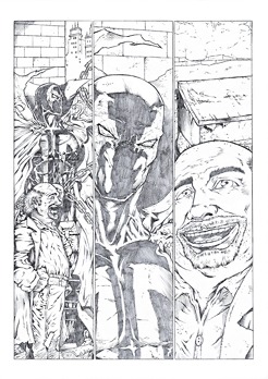 <p>Penciled version of page sample featuring Image Comics' Spawn conversing with his homeless friend, Gareb. This scene is inspired by the early stories of the character, in which Gareb made his first appearance. Gareb is usually depicted as a chubby man of quite short stature especially next to Spawn whose body type is that of a tall and muscular male.&nbsp;The alley in which Gareb and his homeless friends live is called Rat City and is based in New York.</p>