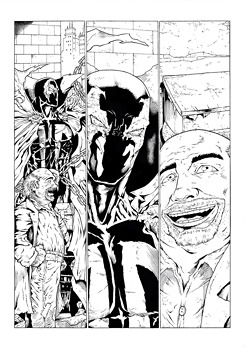 <p>Inked version of page sample featuring Image Comics' Spawn conversing with his homeless friend, Gareb. This scene is inspired by the early stories of the character, in which Gareb made his first appearance. Gareb is usually depicted as a chubby man of quite short stature especially next to Spawn whose body type is that of a tall and muscular male. The alley in which Gareb and his homeless friends live is called Rat City and is based in New York.</p>