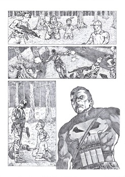 <p>Penciled page sample featuring Marvel's Punisher rescuing a father and his son from cartel members during nighttime.</p>