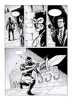 <p>A comic page sample featuring Diabolik. Due to the title being of Italian origin, as usually happens with European comics in most cases, I drew the text balloons and the sound effects as part of the artwork. In this scene, Diabolik is once again confronted by his rival, Inspector Ginko to whom, he responds by swiftly throwing one of his daggers (most likely to distract him rather than kill him due to his moral compass).</p>
<p>Diabolik, whose real name is unknown, is a professional thief who preys on other criminals. As a child, he grew up on an island run and lived on by a criminal syndicate who raised and taught him their trade. He eventually rebelled and took down the syndicate. After that, he met his wife/partner in crime, Eva Kant.<br />Diabolik (Italian: [djaˈbɔːlik, djaboˈlik]) is an Italian comic series created by sisters Angela and Luciana Giussani. Diabolik was created in 1962 and consists of more than 900 volumes by the Astorina publishing house. It is one of the most popular series in the history of Italian comics, leading to the birth of the Fumetti Neri comic subgenre.<br />The "Fumetti neri" name comes from "cronaca nera", the Italian name for crime news. Among the inspirations of the genre were the film noir, the French feuilleton, and Italian horror films. In a local market dominated by comics devoted to a young audience, the immediate commercial success of Diabolik revealed a niche of adult readers interested in adult and sometimes exploitive themes, characterized by violence and sex references.</p>