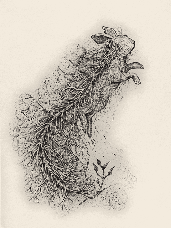 Leaping hare and roots by Bonnie Lee Jamieson